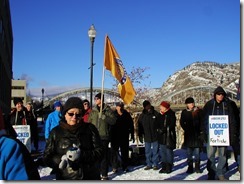 Supporters of locked out FortisBC workers, and locked out FortisBC workers at rally in Trail on December 7, 2013 to get public support to have FortisBC end lockout.