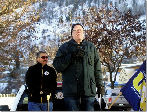 Jim Sinclair (right), president of the BC Federation of Labour addressing locked out FortisBC workers and their supporters at rally in Trail on December 7, 2013. Armiindo deMedeiros (left) president of USW 480.