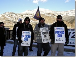Locked out FortisBC workers at their rally in Trail B.C. on December 7, 2013 listening to speakers demanding FortisBC negotiate new collective agreement and return locked out IBEW 213 and COPE 378 workers back to work.