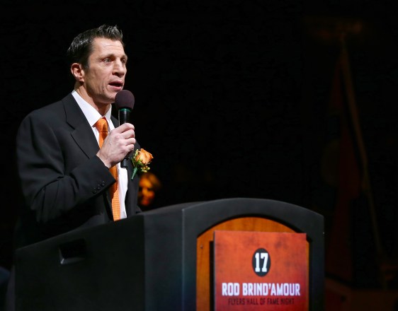 PHILADELPHIA, PA - NOVEMBER 23:  Former Philadelphia Flyer player Rod Brind'Amour addresses the crowd during his Philadelphia Flyers Hall of Fame induction ceremony before the game between the Philadelphia Flyers and the Carolina Hurricanes on November 23, 2015 at the Wells Fargo Center in Philadelphia, Pennsylvania.  (Photo by Elsa/Getty Images)