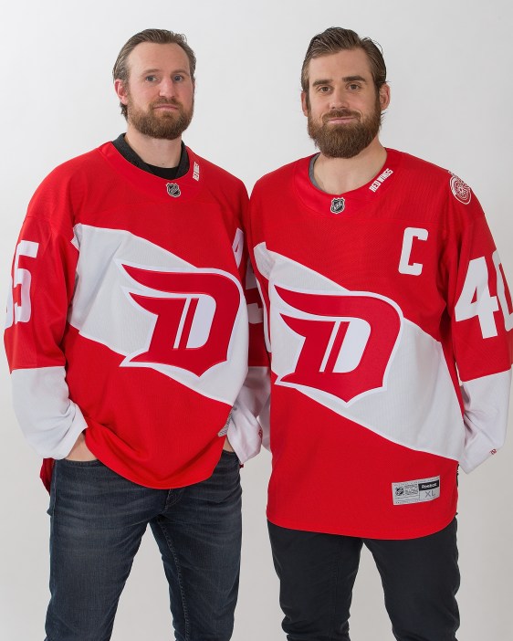 5DETROIT, MI - NOVEMBER 23:  Henrik Zetterberg #40 and Niklas Kronwall #55 of the Detroit Red Wings wear the new Stadium Series Jerseys at Joe Louis Arena on November 23, 2015 in Detroit, Michigan. The new jerseys will be worn on February 27, 2016 at Coors Field in an outdoor game against the Colorado Avalanche. (Photo by Dave Reginek/NHLI via Getty Images)
