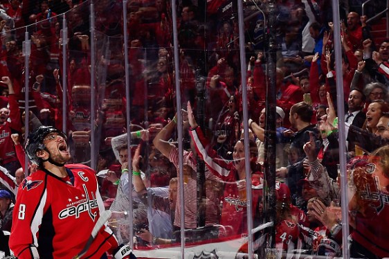 WASHINGTON, DC - NOVEMBER 19:  Alex Ovechkin #8 of the Washington Capitals celebrates after scoring a goal against the Dallas Stars in the third period of an NHL game at Verizon Center on November 19, 2015 in Washington, DC. Ovechkin scored his 484th career NHL goal passing Sergei Fedorov for the most goals by a Russian-born player in NHL history.  (Photo by Patrick McDermott/NHLI via Getty Images)