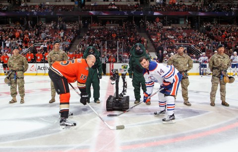 ANAHEIM, CA - NOVEMBER 11:  The 9th Civil Support Team stands by as the TALON HAZMAT Robot drops the puck to start the game between the Anaheim Ducks and the Edmonton Oilers on November 11, 2015 at Honda Center in Anaheim, California. (Photo by Debora Robinson/NHLI via Getty Images)