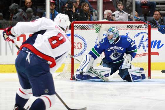 VANCOUVER, BC - OCTOBER 22: Ryan Miller #30 of the Vancouver Canucks makes a save on Alex Ovechkin #8 of the Washington Capitals during their NHL game at Rogers Arena October 22, 2015 in Vancouver, British Columbia, Canada. Washington won 3-2. (Photo by Jeff Vinnick/NHLI via Getty Images)