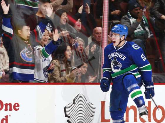 VANCOUVER, BC - JANUARY 6: Bo Horvat #53 of the Vancouver Canucks celebrates after scoring against the Carolina Hurricanes during their NHL game at Rogers Arena January 6, 2016 in Vancouver, British Columbia, Canada. Vancouver won 3-2. (Photo by Jeff Vinnick/NHLI via Getty Images)