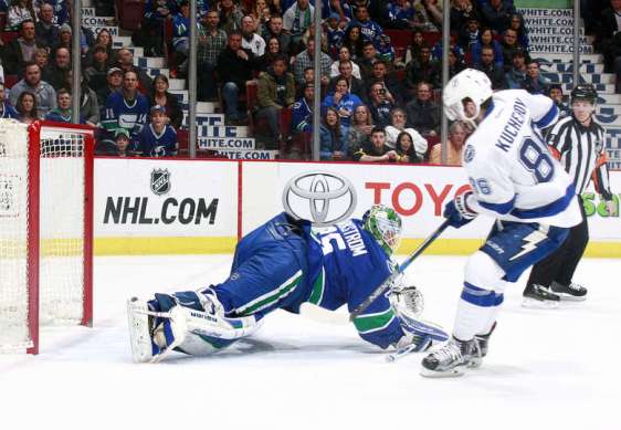 VANCOUVER, BC - JANUARY 9: Nikita Kucherov #86 of the Tampa Bay Lightning scores in overtime on Jacob Markstrom #25 of the Vancouver Canucks during their NHL game January 9, 2016 in Vancouver, British Columbia, Canada. Tampa Bay won 3-2. (Photo by Jeff Vinnick/NHLI via Getty Images)