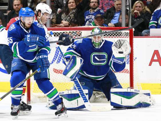 VANCOUVER, BC - JANUARY 11: Jacob Markstrom #25 of the Vancouver Canucks makes a save beside Jaromir Jagr #68 of the Florida Panthers and Alex Biega #55 of the Canucks during their NHL game at Rogers Arena January 11, 2016 in Vancouver, British Columbia, Canada. (Photo by Jeff Vinnick/NHLI via Getty Images)