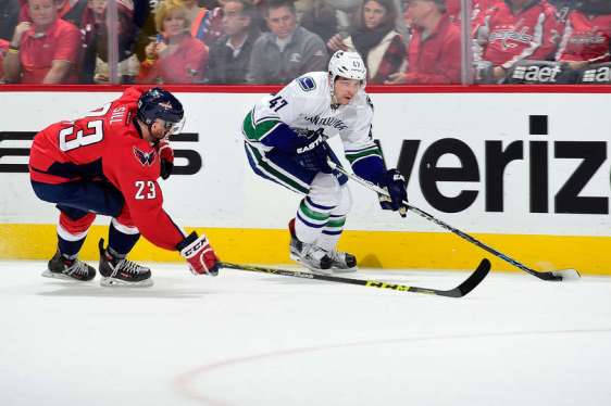 WASHINGTON, DC - JANUARY 14: Sven Baertschi #47 of the Vancouver Canucks skates with the puck past Zach Sill #23 of the Washington Capitals in the second period during a game at Verizon Center on January 14, 2016 in Washington, DC. (Photo by Patrick McDermott/NHLI via Getty Images)