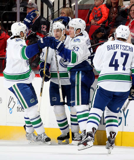 RALEIGH, NC - JANUARY 15: Bo Horvat #53 of the Vancouver Canucks celebrates with teammates after scoring an overtime goal during an NHL game against the Carolina Hurricanes at PNC Arena on January 15, 2016 in Raleigh, North Carolina. (Photo by Gregg Forwerck/NHLI via Getty Images)