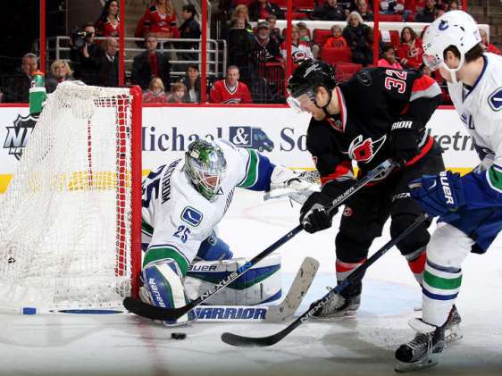 RALEIGH, NC - JANUARY 15: Kris Versteeg #32 of the Carolina Hurricanes attempts a backhand shot past Jacob Markstrom #23 of the Vancouver Canucks as Ben Hutton #27 defends during an NHL game at PNC Arena on January 15, 2016 in Raleigh, North Carolina. (Photo by Gregg Forwerck/NHLI via Getty Images)