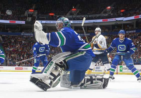 VANCOUVER, BC - JANUARY 26: Ryan Miller #30 of the Vancouver Canucks makes a glove save against the Nashville Predators during their NHL game at Rogers Arena January 26, 2016 in Vancouver, British Columbia, Canada. Nashville won 2-1. (Photo by Jeff Vinnick/NHLI via Getty Images)