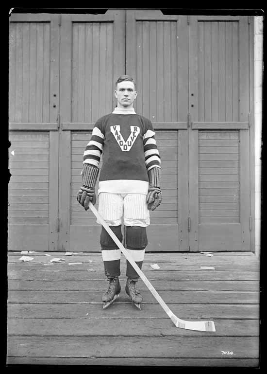 VPL Accession Number: 17991 Date: 191- Photographer/Studio: Thomson, Stuart Content: City Archives has similar CVA 99774 Photograph possibly taken 1918 or 1919 Topic: Hockey players Hockey uniforms Person: Cook, Lloyd (Vancouver Millionaires Team Captain - Defense) Organization: Vancouver Millionaires (Hockey team) Location: British Columbia - Vancouver Copyright Restrictions: Public Domain