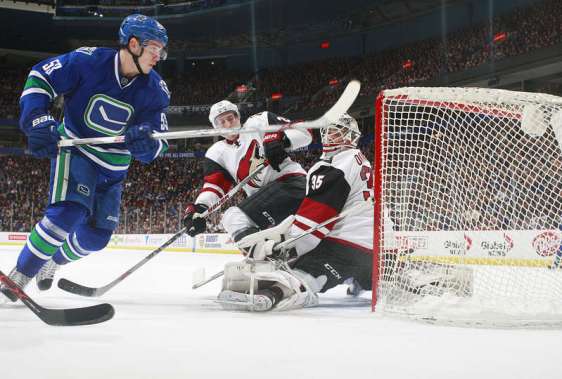 VANCOUVER, BC - JANUARY 4: Bo Horvat #53 of the Vancouver Canucks scores on Louis Domingue #35 of the Arizona Coyotes during their NHL game at Rogers Arena January 4, 2016 in Vancouver, British Columbia, Canada. (Photo by Jeff Vinnick/NHLI via Getty Images)