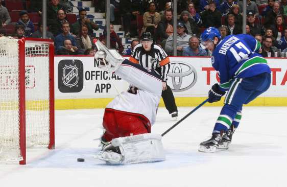 VANCOUVER, BC - FEBRUARY 4: Joonas Korpisalo #70 of the Columbus Blue Jackets stops Sven Baertschi #47 of the Vancouver Canucks on a shootout attempt during their NHL game at Rogers Arena February 4, 2016 in Vancouver, British Columbia, Canada. Columbus won 2-1 in a shootout. (Photo by Jeff Vinnick/NHLI via Getty Images)