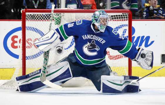 VANCOUVER, BC - FEBRUARY 21: Ryan Miller #30 of the Vancouver Canucks makes a glove save against the Colorado Avalanche during their NHL game at Rogers Arena February 21, 2016 in Vancouver, British Columbia, Canada. Vancouver won 5-1. (Photo by Jeff Vinnick/NHLI via Getty Images)