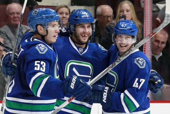 VANCOUVER, BC - FEBRUARY 25: Bo Horvat #53 and Sven Baertschi #47 congratulate Matt Bartkowski #44 of the Vancouver Canucks of the Vancouver Canucks who scored two goals against the Ottawa Senators during their NHL game at Rogers Arena February 25, 2016 in Vancouver, British Columbia, Canada. Vancouver won 5-3. (Photo by Jeff Vinnick/NHLI via Getty Images)