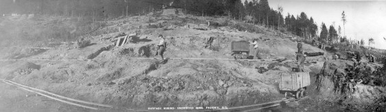 Surface Mining - Snowshoe Mine, Phoenix, B.C. Reference code AM54-S4-: LP 196.1 Dates of creation area Date(s) 1901-1902 Name of creator Matthews, James Skitt, Major (1878-1970) Donated by Mr. H.C. Fitz James on Jan. 27, 1953. Hall, William (Photographer)