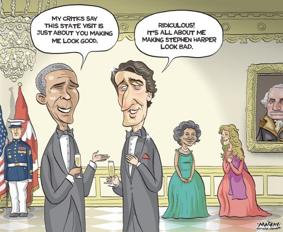 Editorial Cartoon by Graeme MacKay, The Hamilton Spectator Ð Wednesday March 9, 2016 Trudeau and Obama forging special relationship, White House says Prime Minister Justin Trudeau is winning praise from the White House for his leadership on climate change ahead of this week's visit to Washington where that issue will be high on the agenda. In a call with reporters Tuesday morning, officials from President Barack Obama's administration also noted the personal relationship that is developing between the two leaders. Obama extended the invitation for a state visit and dinner, the first in 19 years for a Canadian prime minister, when he met Trudeau at the APEC summit late last year. The officials said Canada and the U.S. always have a close relationship, regardless of who occupies 24 Sussex Drive or 1600 Pennsylvania Avenue, but they acknowledged Trudeau and Obama have a lot in common. Trudeau arrives in the U.S. capital Wednesday along with his wife Sophie Grgoire-Trudeau and a delegation that includes five cabinet members: Environment and Climate Change Minister Catherine McKenna, Foreign Affairs Minister Stphane Dion, International Trade Minister Chrystia Freeland, Defence Minister Harjit Sajjan and Fisheries Minister Hunter Tootoo. They will attend a lavish state dinner at the White House on Thursday night after a day of meetings in the Oval Office and at the State Department. The White House officials discussed the close bilateral relationship between the two countries in terms of trade and defence but they paid particular attention to how Canada and the U.S. are co-operating on the environment file and suggested there is a change in tone since Trudeau defeated former prime minister Stephen Harper in October. "Since Prime Minister Trudeau assumed office we have also had tremendous co-operation with Canada on climate and clean energy issues," said Roberta Jacobson, assistant secretary of state, bureau of Western Hemisphere affairs. (Source: CBC News) http