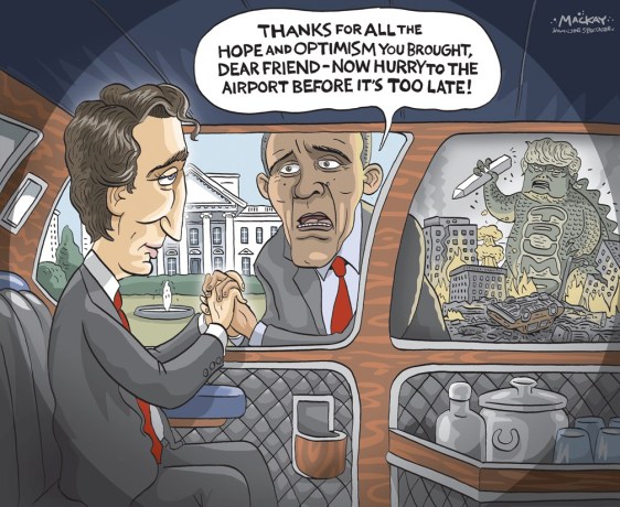 Editorial Cartoon by Graeme MacKay, The Hamilton Spectator Ð Friday March 11, 2016 Justin Trudeau, 'the anti-Trump' Justin Trudeau and his entourage arrived in Washington to the warm applause of the American media. Vanity Fair, Vogue, The New York Times Magazine, The Washington Post and others have cloaked him in the rapture of an international celebrity. This is unusual -- even unprecedented -- for a prime minister of Canada, the northern neighbor that Americans know as friendly, reliable, cold and dull. But no prime minister has looked and sounded like this one in a generation -- certainly not since his father, Pierre Elliott Trudeau, ran the country. When President Barack Obama hosts him at a state dinner Thursday at the White House -- the first for a Canadian leader since 1998 -- it will be a prime opportunity for Justin Trudeau to show the new face of Canada, the second most diverse country in the world, as progressive, moderate and tolerant. In a sense, everything that the United States is not in this election season. It's a theme Trudeau has embraced since the surprising election of his Liberal Party on October 19, ending almost 10 years of the divisive government of Conservative Stephen Harper. More striking, Trudeau's image contrasts with the stern face that the United States has shown the world in its winter of Donald Trump, Bernie Sanders and Hillary Clinton -- old, gray, loud and scowling. What is interesting about Trudeau -- who has been called "the anti-Trump" -- is how he, his politics, and his country are diverging dramatically from the United States. It helps explain the fascination in Trudeau beyond his looks (6 feet 2 inches), his youth (44), his elegant wife and his patrician pedigree. In fact, amid the demagoguery and vulgarity of the presidential race, Trudeau personifies something entirely different: youth, idealism, warmth and hope. It is not accidental that his delegation to Washington includes two senior women ministers, underscori