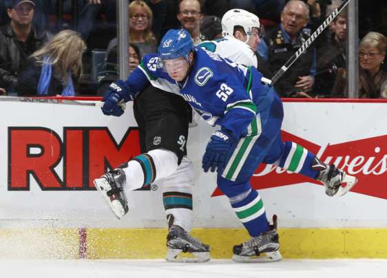 VANCOUVER, BC - FEBRUARY 28: Bo Horvat #53 of the Vancouver Canucks checks Logan Couture #39 of the San Jose Sharks during their NHL game at Rogers Arena February 28, 2016 in Vancouver, British Columbia, Canada. (Photo by Jeff Vinnick/NHLI via Getty Images)