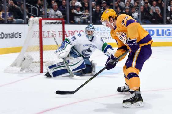 LOS ANGELES, CA - MARCH 7: Tyler Toffoli #73 of the Los Angeles Kings takes a backhand shot against Ryan Miller #30 of the Vancouver Canucks on March 7, 2016 at Staples Center in Los Angeles, California. (Photo by Juan Ocampo/NHLI via Getty Images)