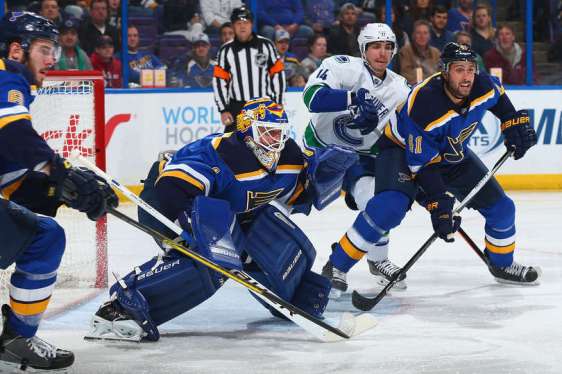 ST. LOUIS, MO - MARCH 25: Brian Elliott #1 and Robert Bortuzzo #41 of the St. Louis Blues defend the goal against Alex Burrows #14 of the Vancouver Canucks at the Scottrade Center on March 25, 2016 in St. Louis, Missouri. (Photo by Dilip Vishwanat/NHLI via Getty Images)