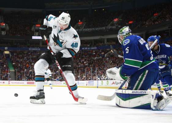 VANCOUVER, BC - MARCH 29: Jacob Markstrom #25 of the Vancouver Canucks makes a save on Tomas Hertl #48 of the San Jose Sharks during their NHL game at Rogers Arena March 29, 2016 in Vancouver, British Columbia, Canada. San Jose won 4-1. (Photo by Jeff Vinnick/NHLI via Getty Images)