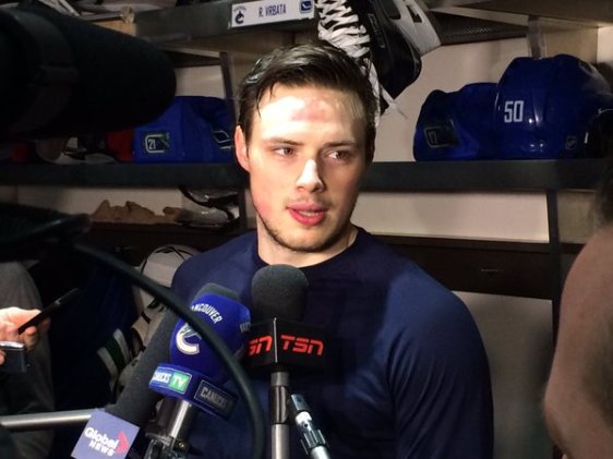Brendan Gaunce speaking with reporters on March 3, 2016 after morning skate. Canucks Twitter.
