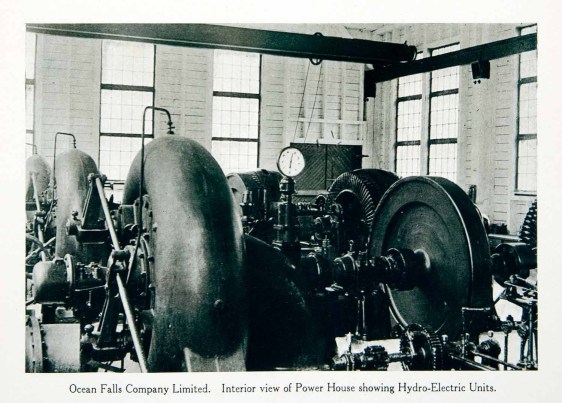 original 1915 duotone halftone print of the interior of the Power House in Ocean Falls, British Columbia, Canada. Ocean Falls used to be a company town with its residents working in the pulp and paper mill.