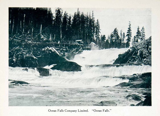 original 1915 duotone halftone print of the Ocean Falls in Ocean Falls, Canada.