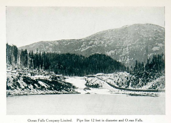original 1915 duotone halftone print of the pipe line in Ocean Falls, British Columbia, Canada. Ocean Falls used to be a company town with its residents working in the pulp and paper mill.