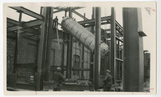 Boilermakers from Lodge 359 installing the steam drum of a new boiler at the Ocean Falls generating station in 1938.  The hydroelectric power plant was originally built in 1917 as part of the Pacific Mills pulp and paper mill.   Photos from the International Brotherhood of Boilermakers archives collection "The Boilermaking Career of William Charun, Member of Lodge 359, 1948 to 1980's." Photos courtesy of Richard MacIntosh, International Representative.